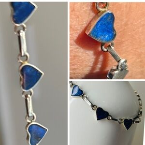 💙Sterling Silver Blue Lapis Lazuli Heart Charm Bracelet Made In S. America